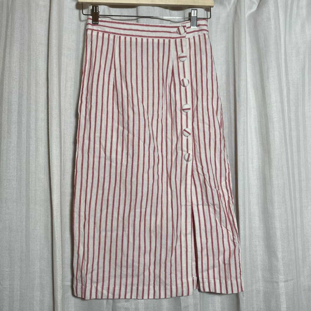 French Girl Summer Cottagecore Red White Striped Linen Midi Skirt S Forever 21